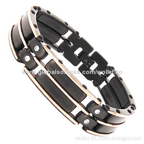 China Manufacturer Wholesale Stainless Steel Bracelet with Black and Rose Gold Plating, CZ Stone